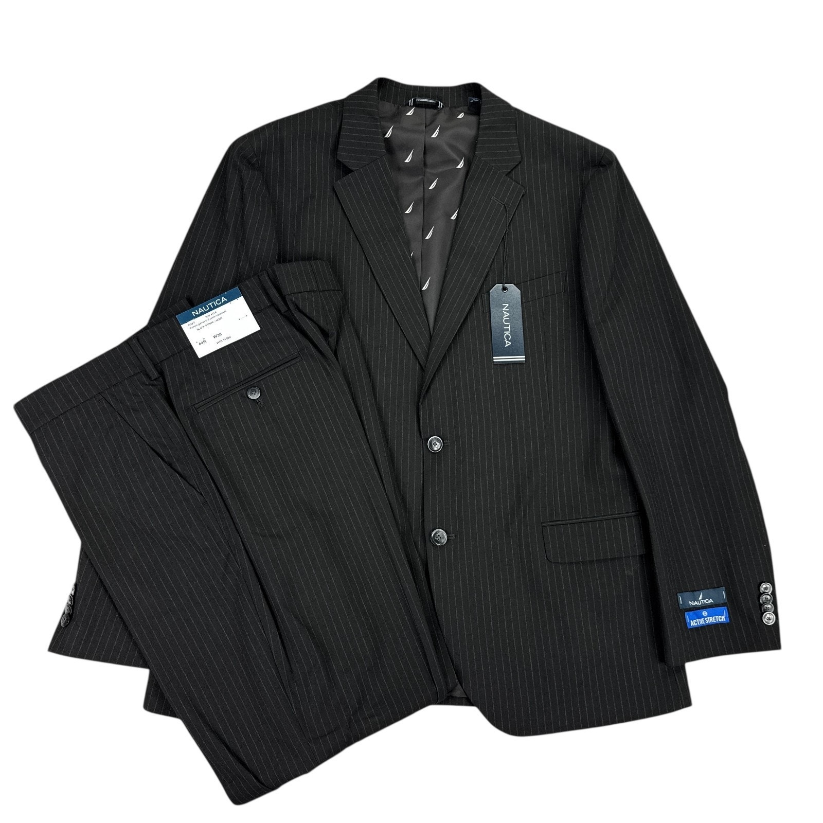 Nautica Mens 2-Piece Modern Fit Active Stretch Pinstripe Suit Black 44r 38w